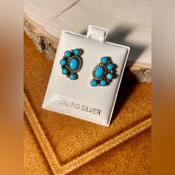 New Vintage Genuine Sleeping Beauty Turquoise Artisan Sterling Silver Earrings - Picture 1 of 11